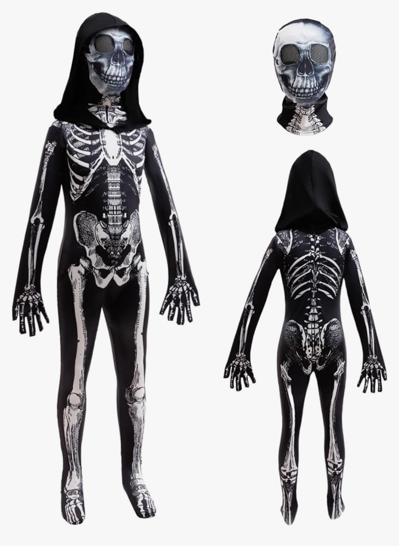 Halloween Skeleton Costume for Kids Black and White Scary Skeleton Jumpsuit Onesie Dress up with Hood and Mask 2-10Years