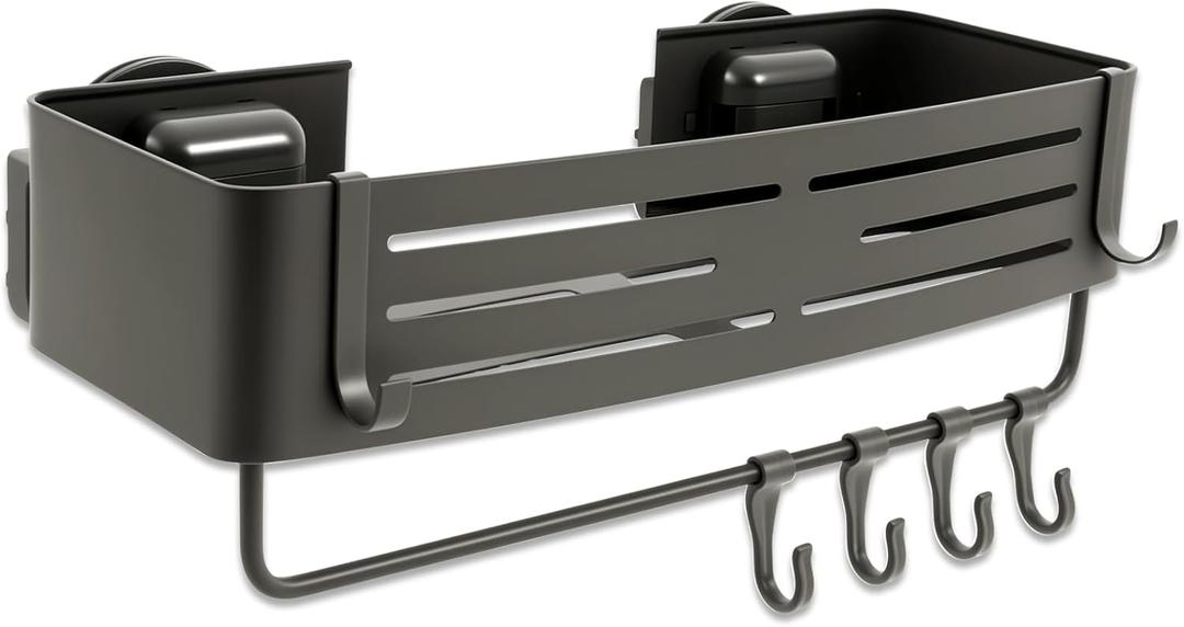 Shower Shelf with Suction Cup Space Saving Shower Caddy with Drainage Holes Bathroom Organiser, 6 Hooks and Towel Rail Multipurpose Bathroom Corner Caddy for Bathtub Kitchen