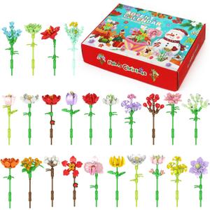 Christmas Advent Calendar 2025, Flower Building Blocks, 24 Days Countdown Calendar Toys, Building Brick Toys Party Favors, Xmas Gifts (Floral)