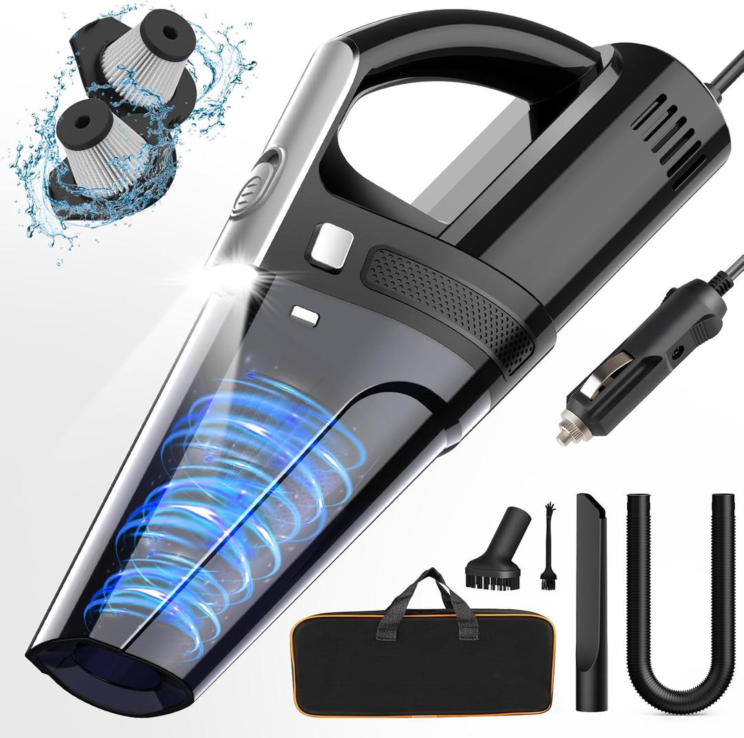 Car Vacuum, Portable Vacuum Cleaner with Powerful 7000PA Suction, DC 12V Power 16.4Ft Cord Wired Vacuum Cleaner, LED Light, Car Accessories for Men/Women, Black