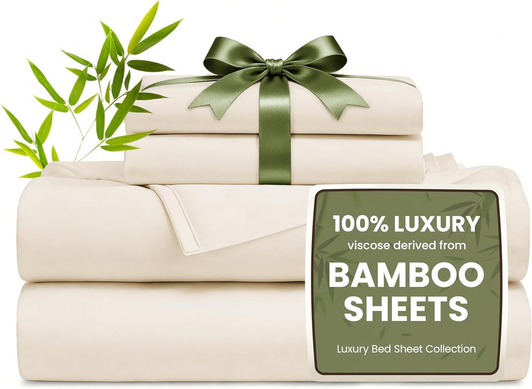 4 Piece King Sheet Set, 100% Rayon Derived from Bamboo, Cooling & Breathable, Soft Silky Deep Pocket up to 16", Hotel Luxury Bedding for Hot Sleepers, Beige