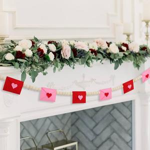 Valentines Day Decorations, Felt Heart and Envelope Garland with Wooden Beads, Valentines Day Garland for Mantle, Heart Decorations, Banner, Fireplace, Wall, Party (Openable Envelope)