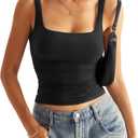 Womens Square Neck Double Lined Tank Tops Low Back Fitted Sleeveless Shirts Summer Going Out Clothes (Medium, Black)