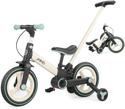 JMMD 6 in 1 Toddler Bike with Push Handle for Kids 18-60 Months, 12" Foldable Balance Bike with Training Wheels, Pedals, Brakes, Kickstand, Push Tricycle Toddler Gift & Toys for Boy & Girl