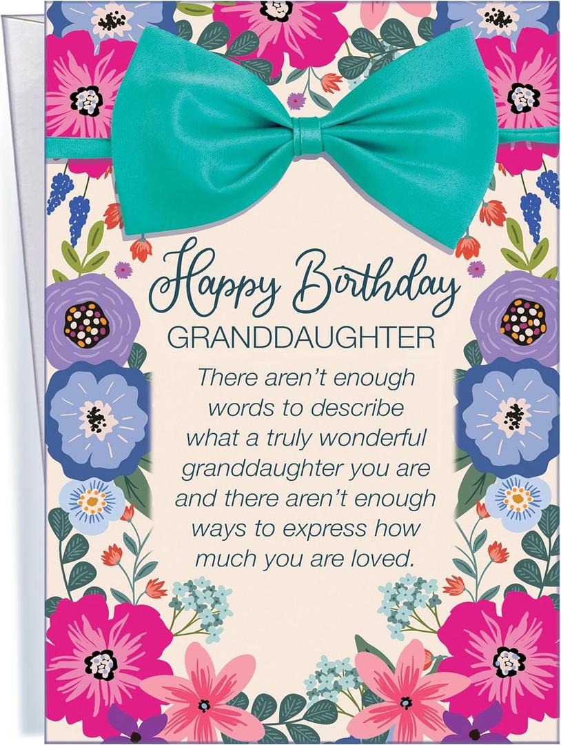 Chuck's Card-O-Rama Birthday Card For Granddaughter - Large Card Opens To 10  7.75 - Lovely lavender and purple flowers topped off with a gorgeous teal ribbon and bow - MADE in USA D#95366