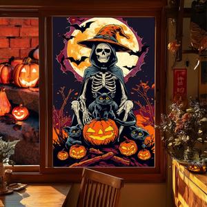 HOMETITUTE Halloween Window Film 31x47 Inch Skeleton Cat Pumpkin Witch Skull Moonlight Scene Decorative Privacy Windows Sticker Spooky Window Film for Halloween Party Glass Door Decor
