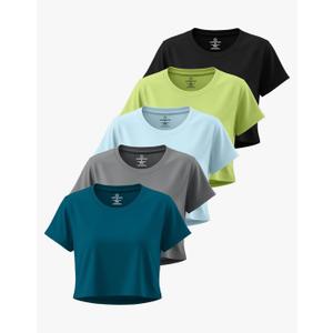 Real Essentials 5 Pack: Women's Dry Fit Crop Top - Short Sleeve Crew Neck Stretch Athletic Tee XL