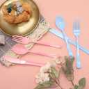 300 PCS Pink and Blue Silverware Heavy Duty 150 Pink Plastic Silverware and 150 Blue Plastic Cutlery Sets- 100 Forks 100 Knives 100 Spoons for Birthday, Baby Shower, Gender Reveal