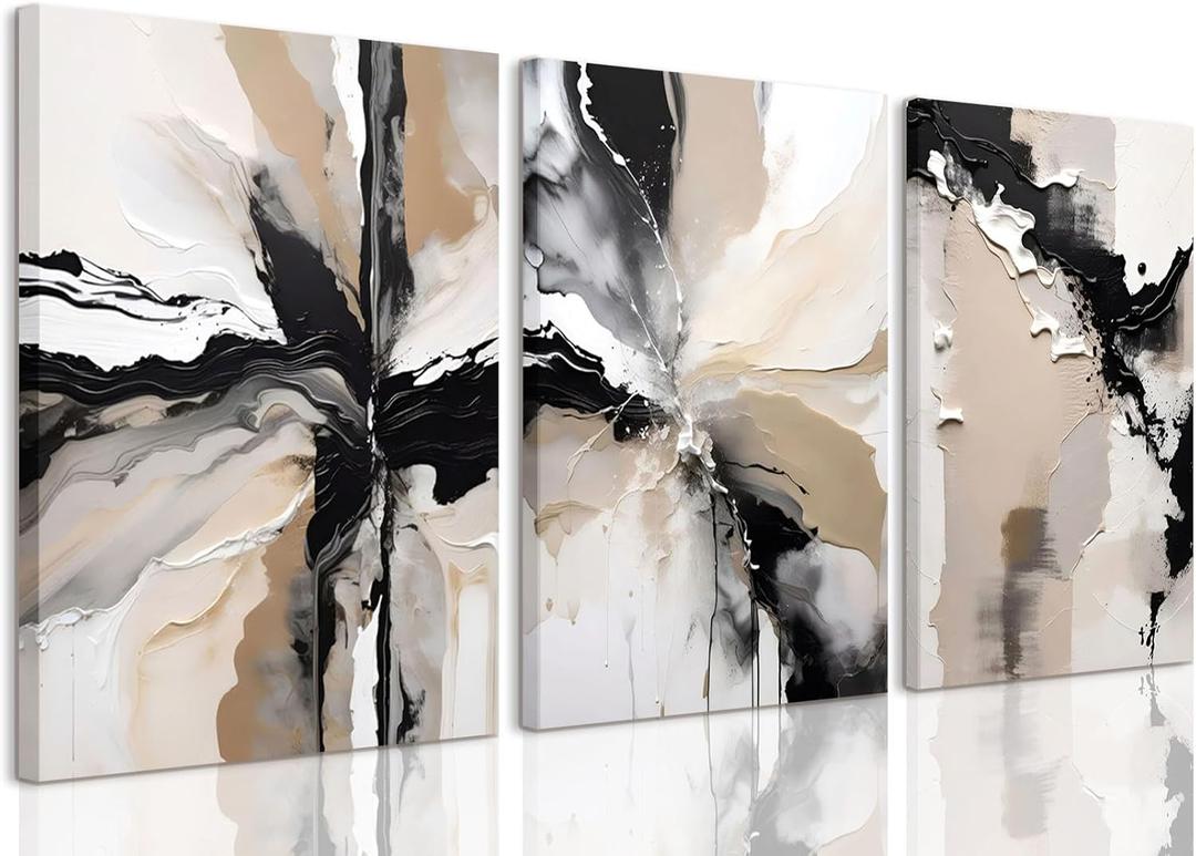 LYPHNX Framed Black and Brown Abstract Geometric Canvas Wall Art Modern Grey White Beige Print Poster Set of 3 Painting Terracotta Brush Strokes Picture Home Decor for Bathroom Bedroom Office 12"x16"