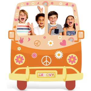Hippie Bus Cardboard Cutout, Large 39.76 x 47.24 in Groovy Party Decoration, Retro 60s 70s Hippie Selfie Frame Photo Booth Prop, Daisy Van Life-Size Backdrop for Groovy Hippie Boho Party Favor