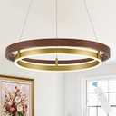 LED 2 Ring Brass Gold Chandelier Dimmable Up Down Light Chandelier Modern Round Chandeliers Light Mahogany Wood Printed Circular Chandeliers for Foyer Dining Room Entry Bedroom Office Living Room