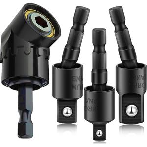 Right Angle Drill Adaptor,4-in-1 Impact Drill Bit Extension,360 Rotatable 1/4 3/8 1/2" Impact Grade Socket Adapter Set,105 Degree Angle Screwdriver Drill Bit for Household Workplace Industry