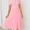 ZESICA Women's 2026 Casual Striped Midi Dress Crewneck Short Sleeve Button Ribbed Knit Swing Pleated A Line Dresses (Pink, S)