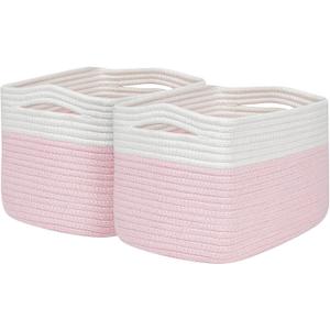 Pink Girls Baby Nursery Rope Toys Baskets , Decorative Woven Storage Baskets for Gift, Cubes Storage Organizer Baskets Bins, Closet Shelf Storage Baskets for Organizing (2pcs-13"D x 10"W x 8.26"H, Off White&Mixed Pink)