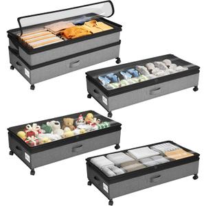 Kitstorack 4 Pack Height-adjustable Under Bed Storage with Wheels, Under Bed Storage Containers,Under Bed Shoe Storage Organizer with Clear Window&Label, Suitable for Clothes Storage, Gray