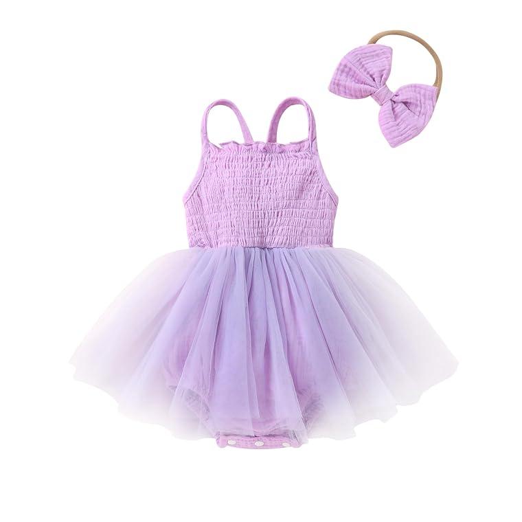 Infant Baby Girl Summer Romper Dress Sleeveless Strap Mesh Tutu Skirt Backless Bodysuit with Headband (Purple, 6-9M)
