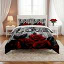 WeCozy Queen Size Comforter Set with 2 Pillowcases, Red Rose Flower 3 Pcs Bedding for Kids and Adults, Summer Vintage Woodboard Soft Comforter Set for Bedroom Bed Decor (Multi 4)