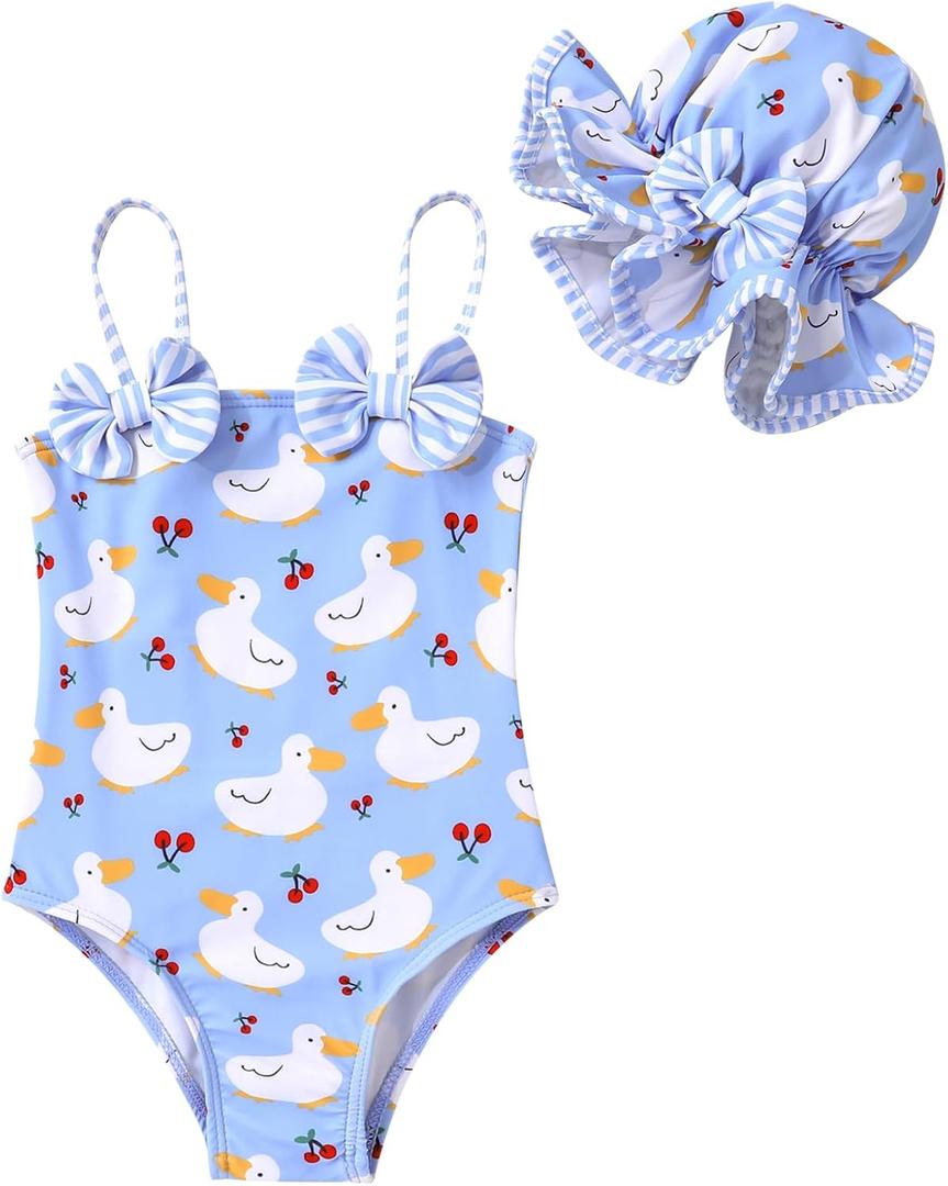 YOUNGER TREE Toddler Baby Girl Swimsuit Infant One Piece Bathing Suits with Hat Newborn Summer Beach Swimwear (18-24 Months, Blue Duck)