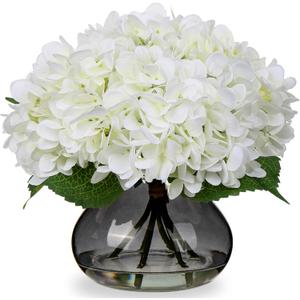 Hollyone Hydrangea Artificial Flowers with Glass Vase White Silk Faux Flowers Arrangements with Faux Water Fake Floral Bulk Bouquet for Home Decor Table Centerpiece Decorations