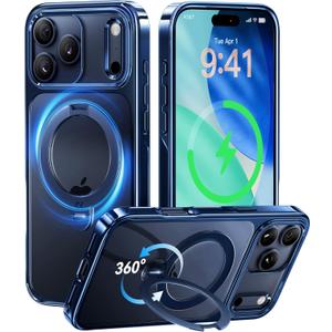 CASEKOO Deep Blue Glossy Designed for iPhone 17 Pro Case with 360 Spin Magnetic Stand [Fit for MagSafe][17FT Military Protection] Slim Polished Frame Titanium Alloy Sturdy Stand 6.3'', Deep Blue