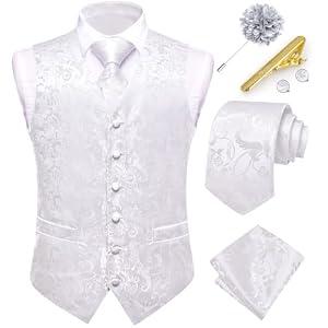 Dubulle Vest and Tie Set Mens White Paisley Floral Waistcoat Neckties for Men Lapel Pin Clip Set Wedding Business, White, Small
