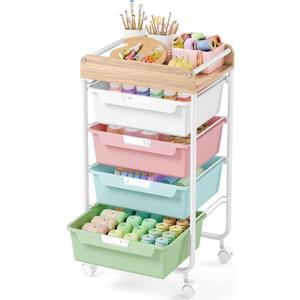 Rolling Craft Storage Cart with 4 Drawers,Utility Cart with Drawers,Art Craft Organizers and Storage,Kids Craft Cart,Kids Art Cart With DIY Lable and Wooden Tabletop Area,Colorful
