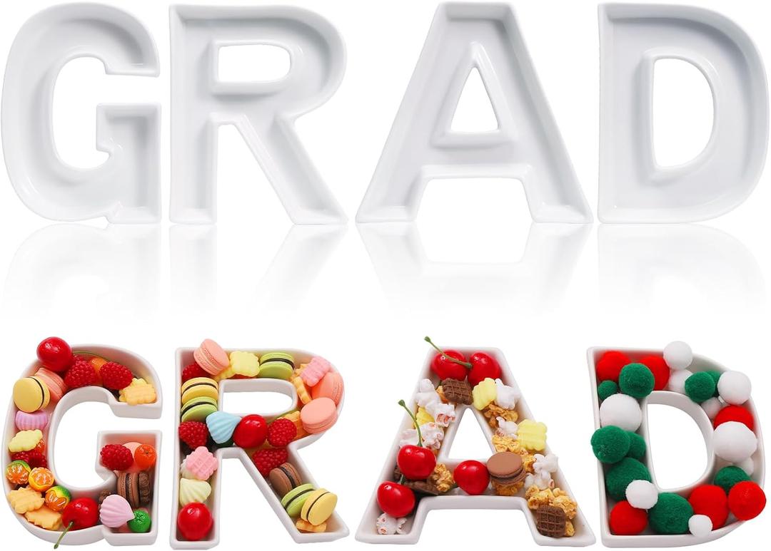 4 Pcs Grad Graduation Charcuterie Letter Trays Fillable Ceramic Serving Trays for Graduation Ceremony Food Candy Snacks Serving Boxes Perfect for Party Treat Displays(White) Check Size Before Purchase