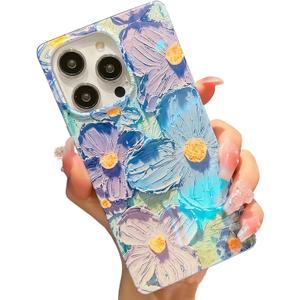 KERZZIL Cute Blu-ray Flower Compatible with iPhone 13 Pro Case Rectangle Edge,Lovely Camellia Floral Anti-Drop Protective Durable Soft TPU Cases Back Cover