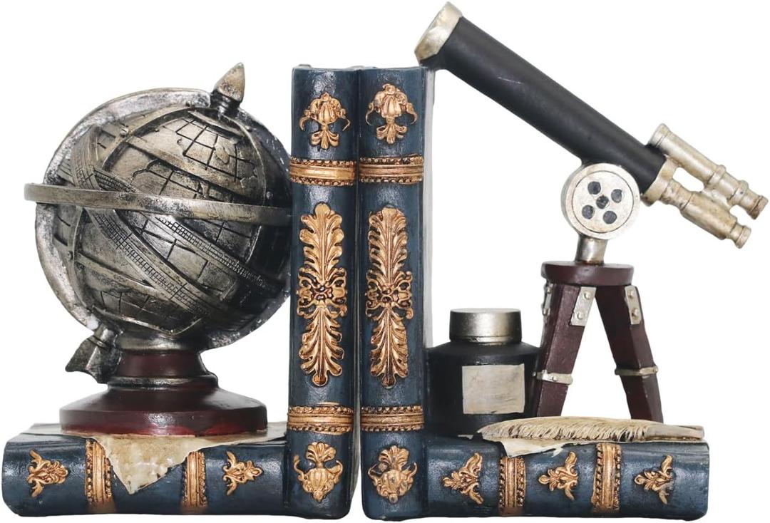 Decorative Bookends Vintage Armillary Sphere and Astronomical Telescope Antique Space Time Book Ends Heavy Duty Bookends Astronomy Decor for Shelves Home Office Decorations