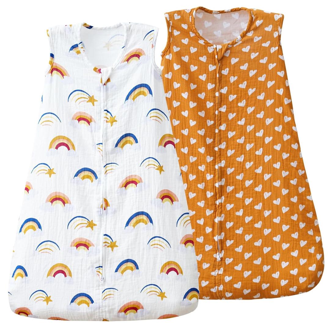 david's kids Muslin Cotton Baby Sleep Sack 0-6 Months, 2 Pack 100% Cotton Sleeping Bag for Summer, TOG 0.5 Baby Wearable Blankets with 2-Way Zipper, Soft Sleep Sacks for Newborn Infant, Rainbow