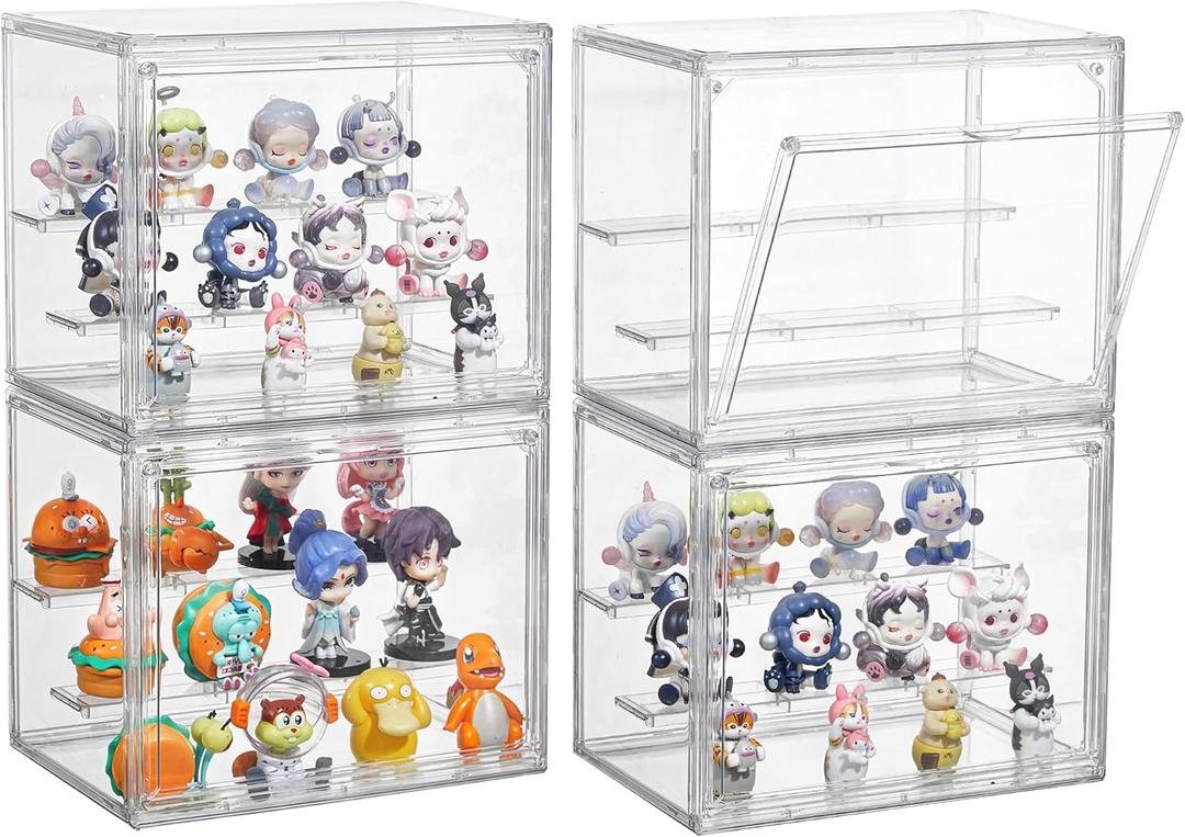 Clear Acrylic Display Case, 4 Pack 3 Tier Adjustable Display Box Stand with 2 Movable Plates, Small Showcase Magnetic Door for Mini Action Figures Collectibles (Small)