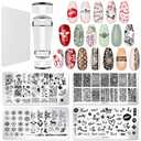 Nail Stamper Plate Kit, 4x Nail Stamping Plates +Dual-end Silicone Nail Art Stamper +Scraper, Snowflake & Spring Butterfly Flowers &Leopard Snake & Kiss Heart, DIY Design Manicure Salon Home, BlueZOO