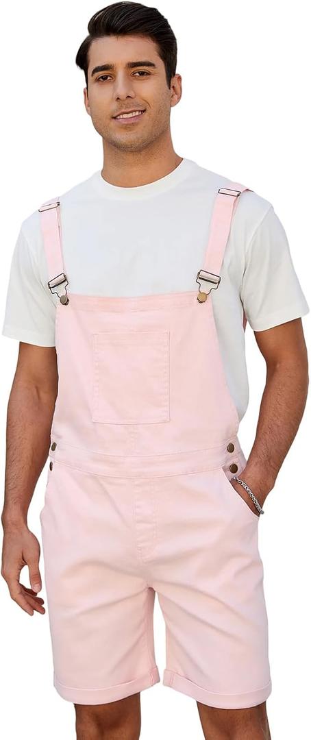 LONGBIDA Men's Denim Overalls Shorts Jean Bib Jumpsuit Casual Walkshort Summer Romper with Pockets (34, Pink)