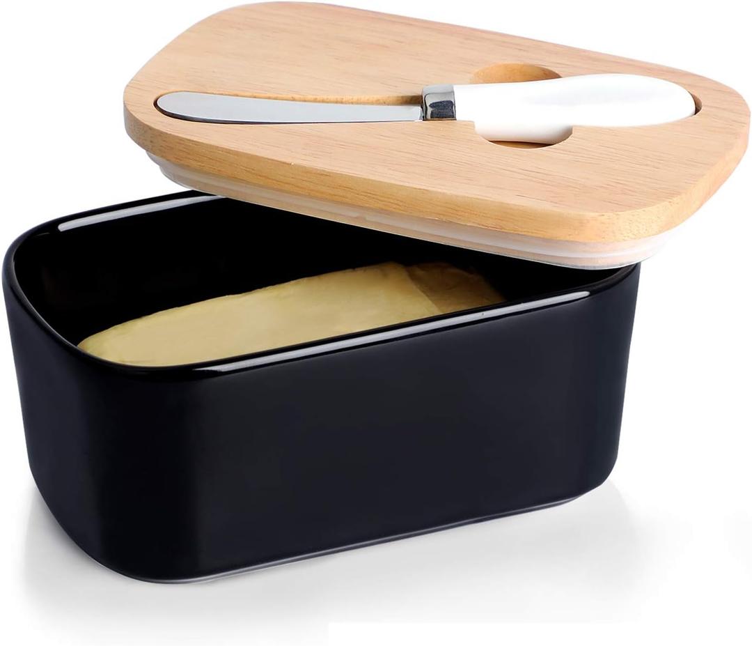 GDCZ Large Ceramic Butter Dish for Countertop Butter Keeper with Silicone Sealing, Natural Wooden Lid and Stainless Steel Knife, Kitchen Decor and Accessories for Kitchen Gifts (Black)