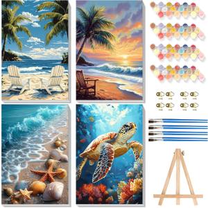 4 Pack Paint by Numbers for Adults with Framed Canvas - with Wooden Easel, Beach Paint by Number on Canvas, DIY Sea Turtle Acrylic Oil Painting Kits with Brushes for Home Wall Decor (8x12 inch) (BKMT0055+BKMT0056+BKMT0057+BKMT0058)