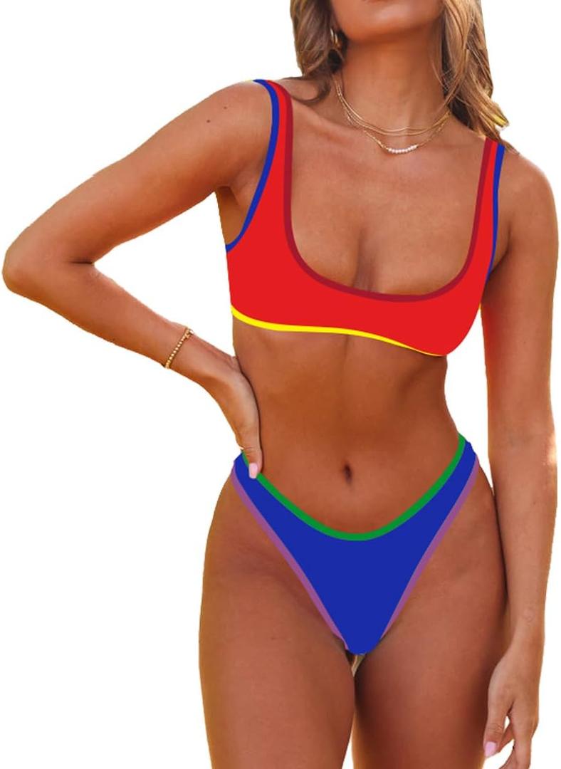 SherryDC Women's Sexy Scoop Neck Bikini Sets Color Block High Cut Thong Brazilian Two Pieces Swimsuit Bathing Suit (Medium, 179-red+blue)