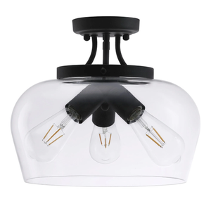 3-Light Modern Industrial Pendant Lighting Fixture w Glass Shade | Flush Mount Ceiling Light in Matte Black Finish | Dimmer Compatible Lighting