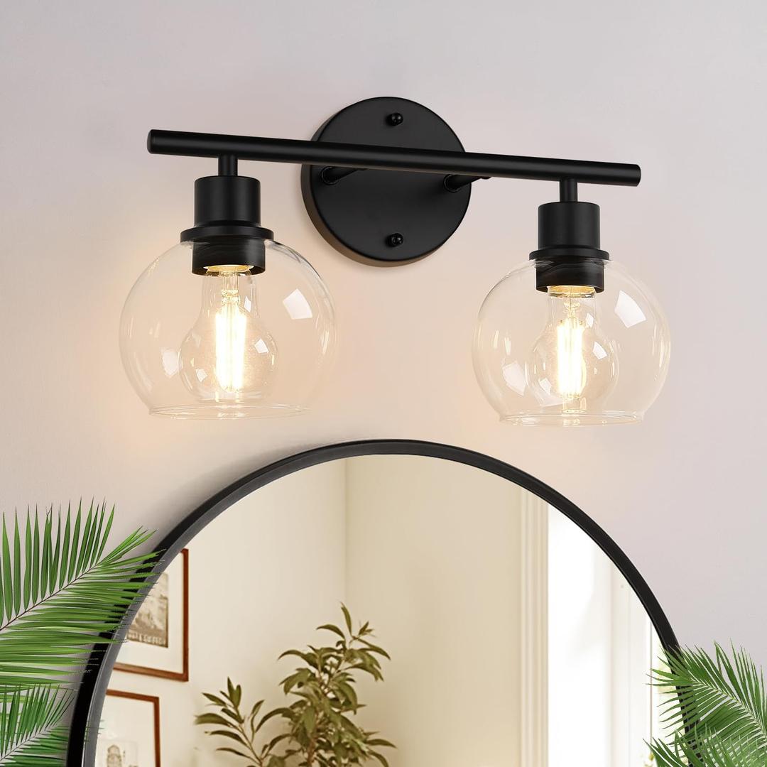 Indoi 2-Light Bathroom Vanity Light, Matte Black Bathroom Light Fixture Over Mirror with Clear Glass Globe Shades, Modern Farmhouse Wall Sconce for Bathroom, Kitchen, Bedroom, Hallway