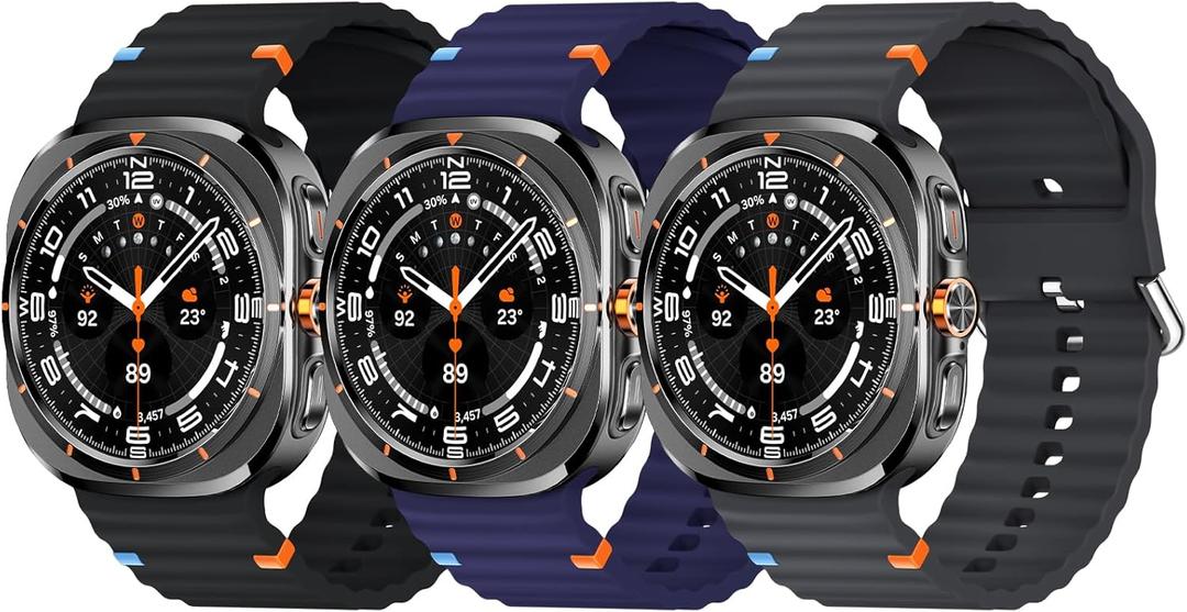 3-Pack Sport Bands Compatible with Galaxy Watch Ultra bands (2025/2024), Soft Silicone Samsung Galaxy Watch 7 Ultra 47mm Band for Men Women (Black+Gray+Blue)