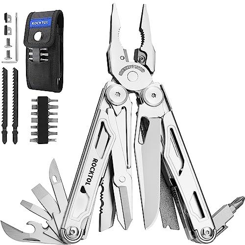ROCKTOL Multitool, 29-in-1 Multitool Pliers with Replaceable Wire Cutters and Saw, Heavy-duty Stainless Steel Multi-tool Set and Nylon Sheath for Camping Survival multi tool for Man