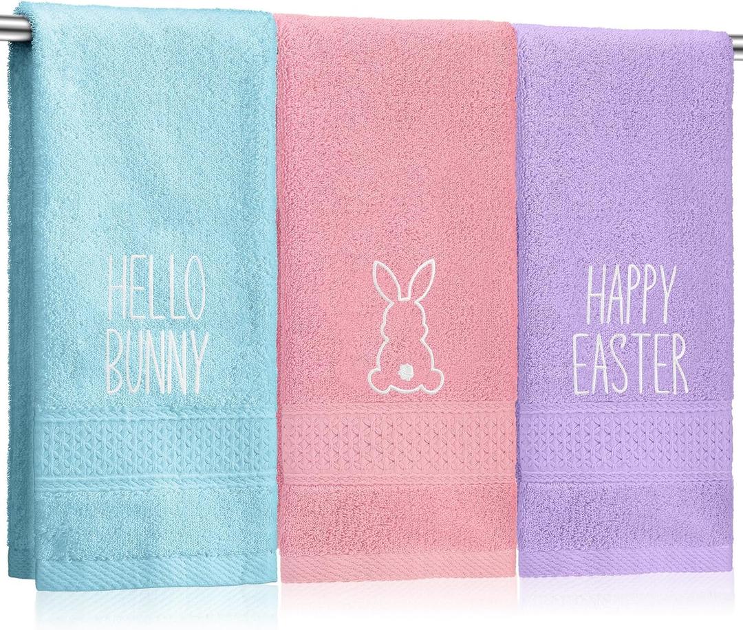 Peryiter 3 Pcs Easter Hand Towels for Bathroom Pastel Easter Bathroom Decor Spring Embroidered Bunny Farmhouse Decorative Hand Towels 100% Cotton 13.78 x 29.53 Inch