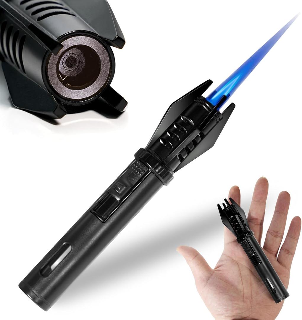 Camping Mini Torch Lighter Small Refillable Butane Lighters Pocket Tactical EDC Windproof Jet Flame with Visual Window for Hiking Survival Kitchen Candle Fireplace Home Party BBQ, 5" (Without Fuel)