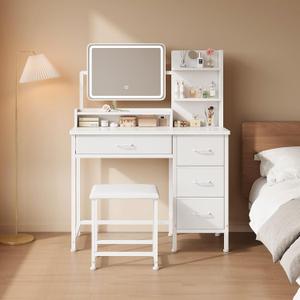 YeTom Vanity Desk with Mirror and Lights, Makeup Vanity Desk with 4 Fabric Drawers & Storage Shelves & Chair, 3 Color Modes & Adjustable Brightness, White Vanity, Vanity Set, Bedroom Furniture, 34.3in