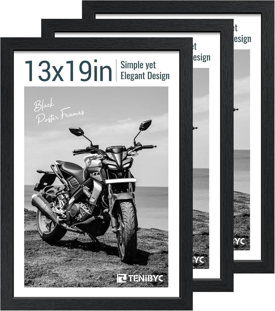 Black 13x19 Picture Frame - 3 Pack, Solid Wood Poster Frame, HD Tempered Glass, Room, Office, Gallery, Studio, and Hallway Decor - Wall Hanging