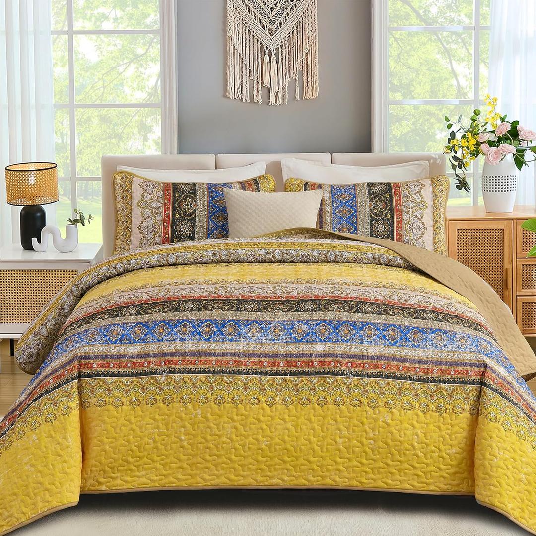WONGS BEDDING Boho Quilt Set Queen Size, Bohemian Striped Bedspread Coverlet Set with 2 Pillow Shams, Yellow Quilt Bedding Set for Farmhouse Bedroom (Queen, 96"x90")