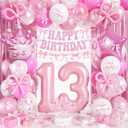 13th Pink Bow Birthday Decorations for Girls, Coquette Party Decor Include 40 Inch Foil Number 13 Crown Star Balloon Long Latex Balloon Pale Pink Bows Cake Topper Happy Birthday Banner Fringe Curtain