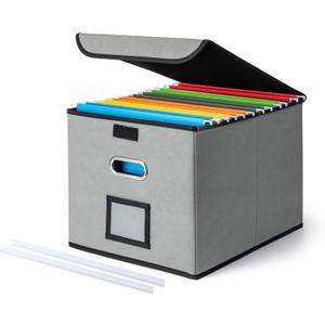 CADONO File Organizer Box with Lid, Large Hanging File Folder Organizer with Plastic Slide, Collapsible Portable Filing Storage Boxes for Office/Decor/Home (Grey, 14.9 x 12.59 x 10.8 inch)
