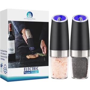 Gravity Electric Pepper and Salt Grinder Set, Battery Operated Pepper Mill with Blue LED Light, One Hand Operation, Flip to Grind, Adjustable Coarseness (Black 2X)