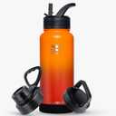 Fanhaw 32 oz Insulated Water Bottle  Portable Stainless Steel Flask with 3 Lids (Straw, Spout, Carabiner) | Leakproof, for Gym, Hiking, Work, Travel & Everyday Use(Yellow Orange)