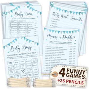 Hilarious Baby Shower Games Boy - 4 Funny Baby Games for Baby Shower Boy Decorations, Blue Trivia Card Word Scramble Mommy Or Daddy Game for 25 Guests